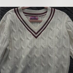 Edikted Cream V-Neck Cable Knit Sweater with Maroon Trim